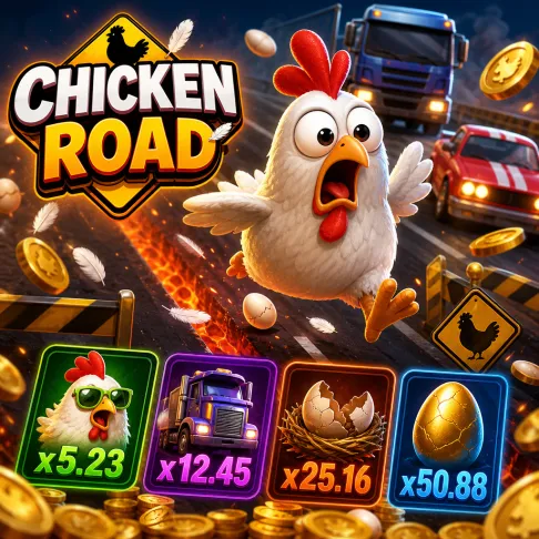 Square promo image for Chicken Road slot game featuring a cartoon chicken on a colorful road with coins and feathers.